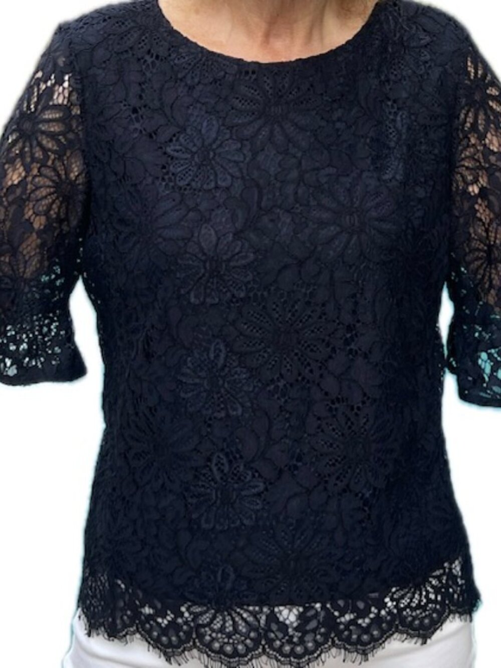 Nanette Navy Puff Sleeve Lined Size M Lace Top EUC (#2112)